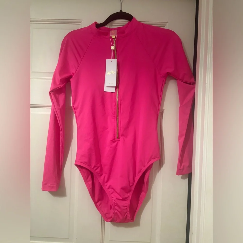 Lilly Pulitzer Hot Pink Long-Sleeve Zip One-Piece Swimsuit - Picture 2 of 5